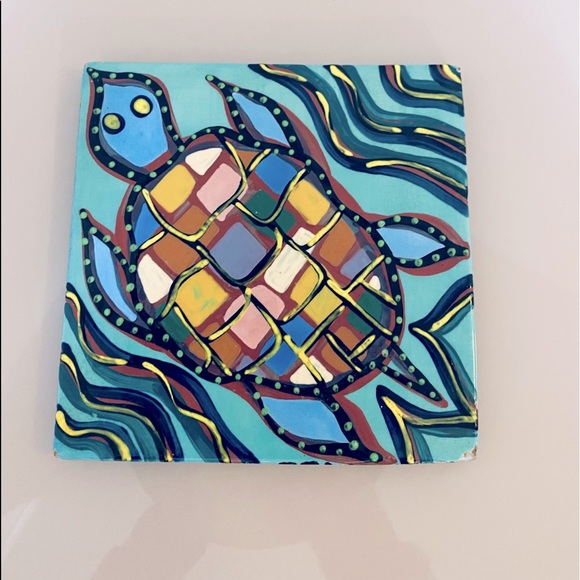 Lynda Feman Vintage Festive Turtle🐢Ceramic Trivet - Picture 3 of 16